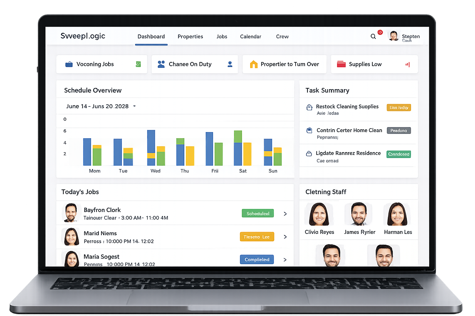 SweepLogic dashboard showing schedule overview, task summary, today's jobs, and cleaning staff