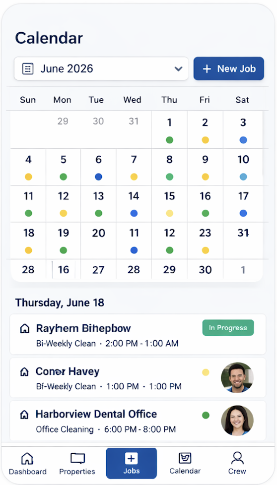 SweepLogic Calendar screen showing monthly view with scheduled jobs