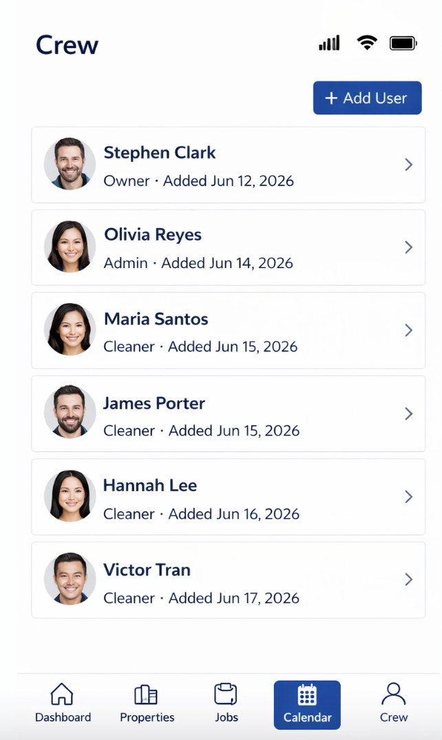SweepLogic Crew screen showing team members